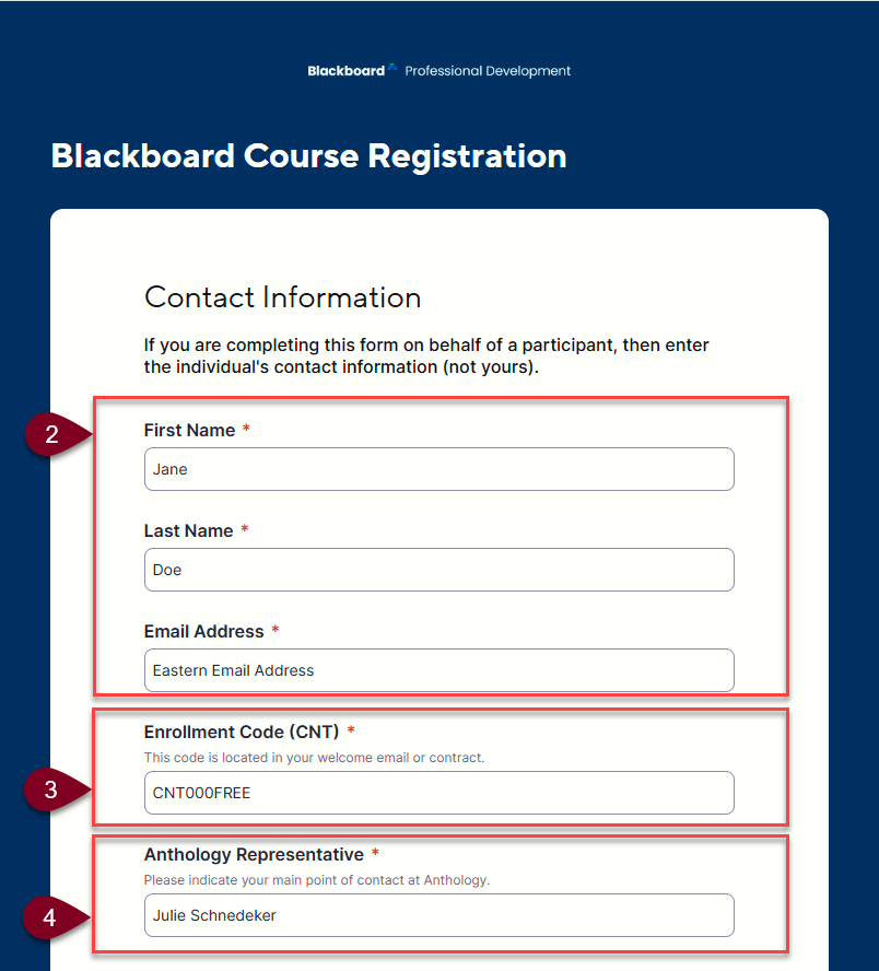 Contact information form with text fields, enrollment code text field, and Anthology representative text field