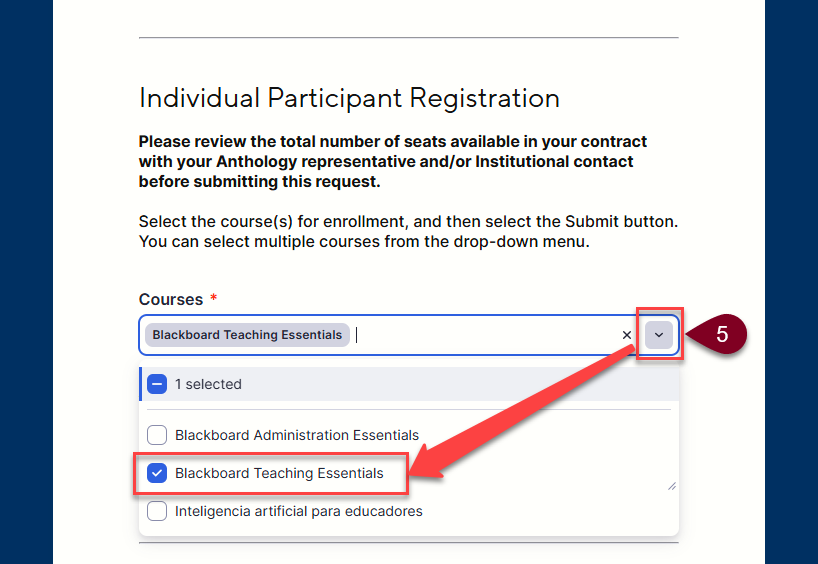 Courses form field with a drop-down menu selecting Blackboard Teaching Essentials